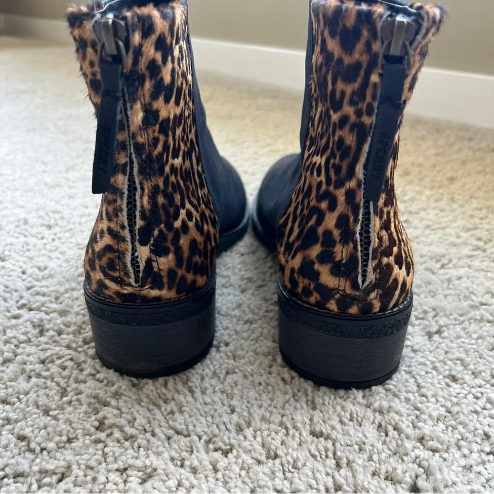 Sperry Black Leather Ankle Boots with Leopard-Print Heel Panel